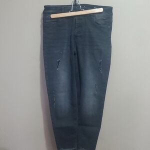 Jeaniologie Distressed Mid Rise Cropped Button Fly Skinny Black Jeans Size 12